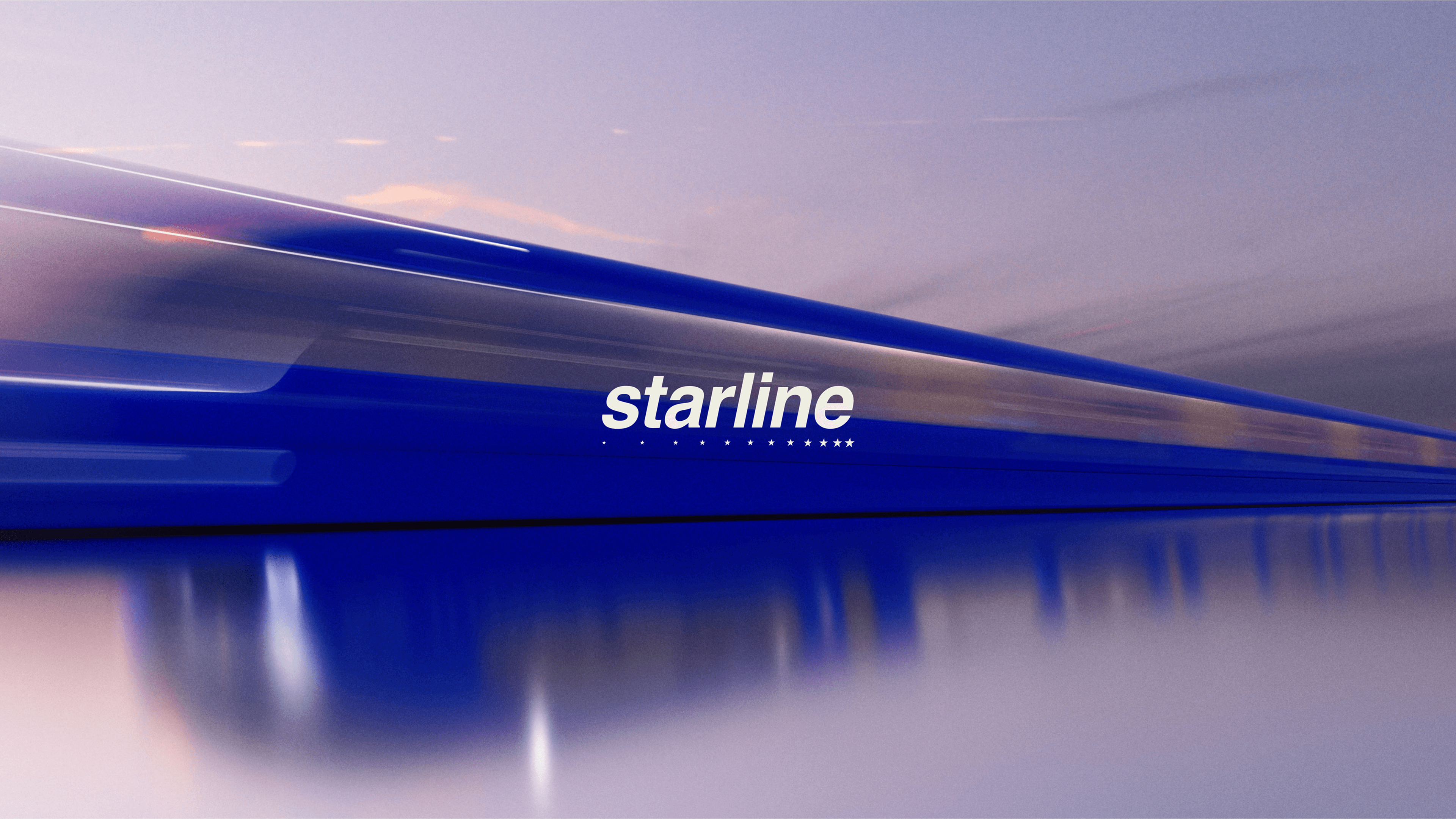 computer generated image of the blue Starline train passing by, with the SL logo on top