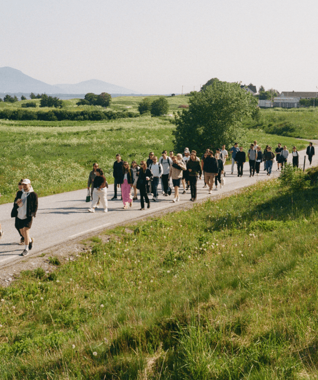 A large group of people walking on a road surrounded by grass fields, viewed from a small hill next to the road