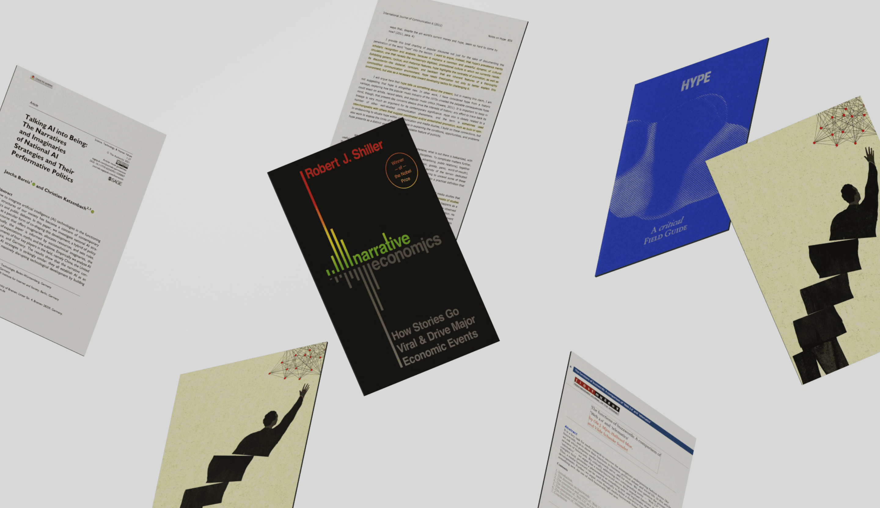 Seven publications in mid-air, positioned on a grey background. Some of them are books, others are research papers.