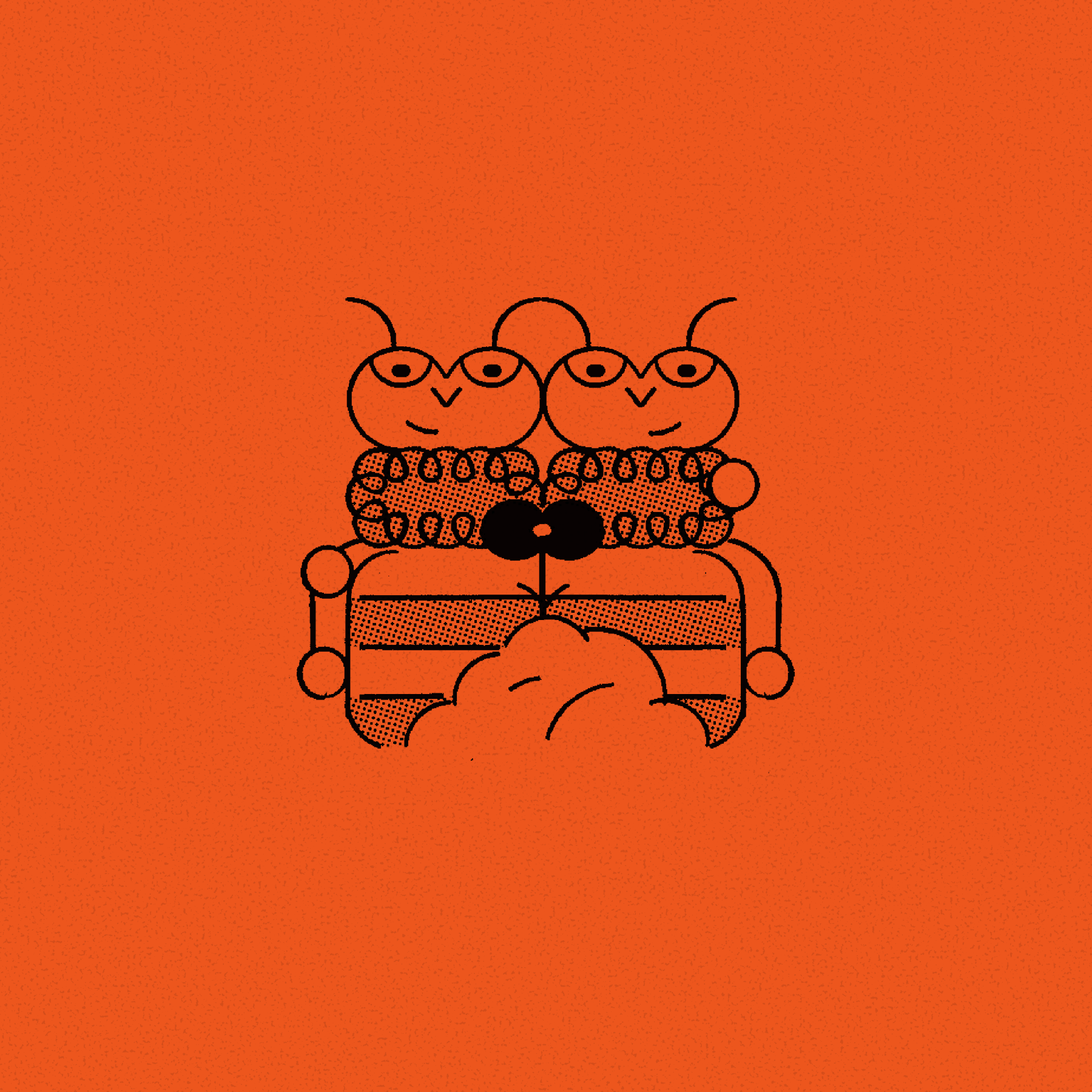 illustration of a two bees next to each other, observing a flower in front of them