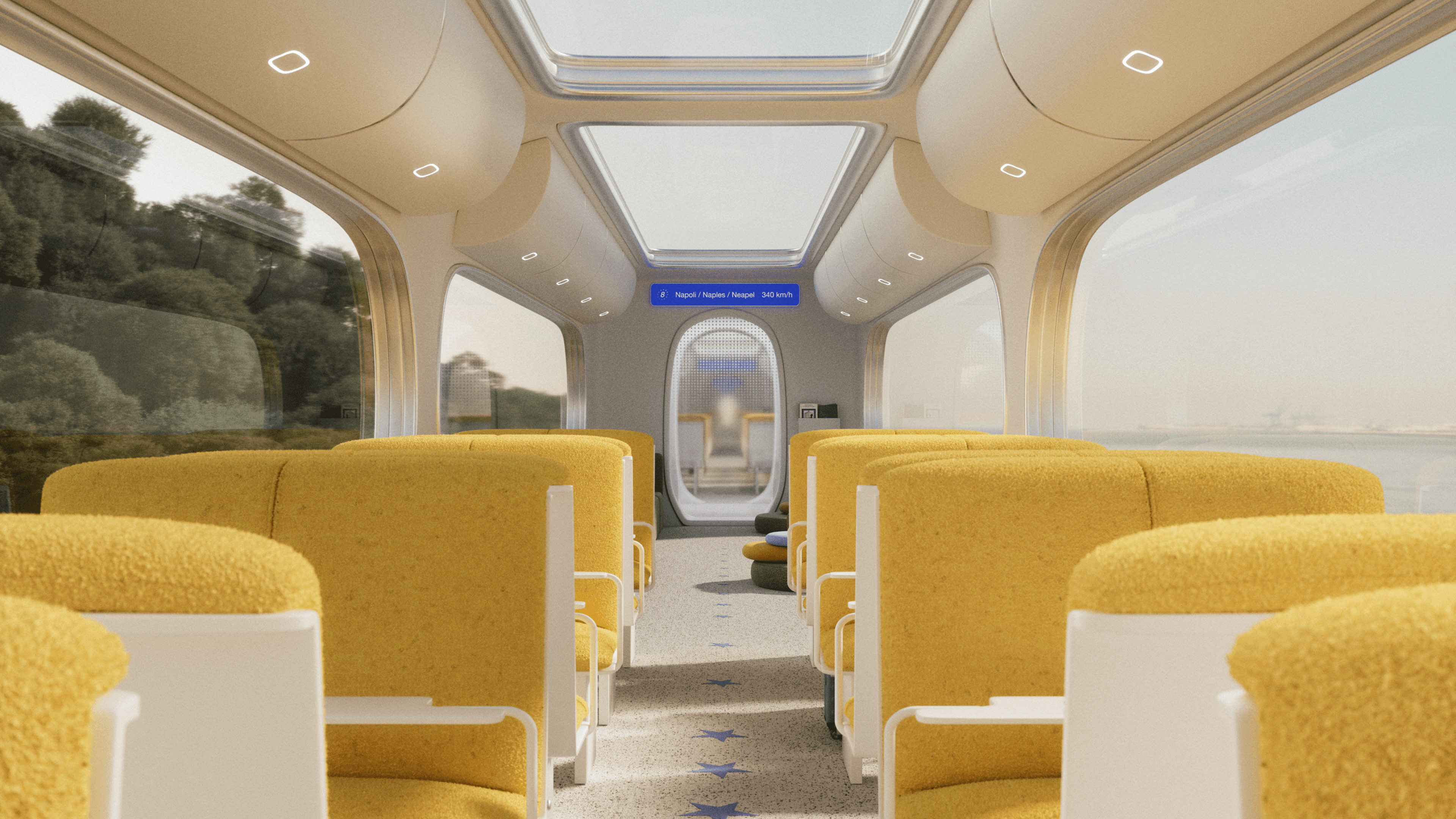 Render of interior, showing soft yellow seats in an open carriage, with blue stars on the speckled floor and a rippled glass door