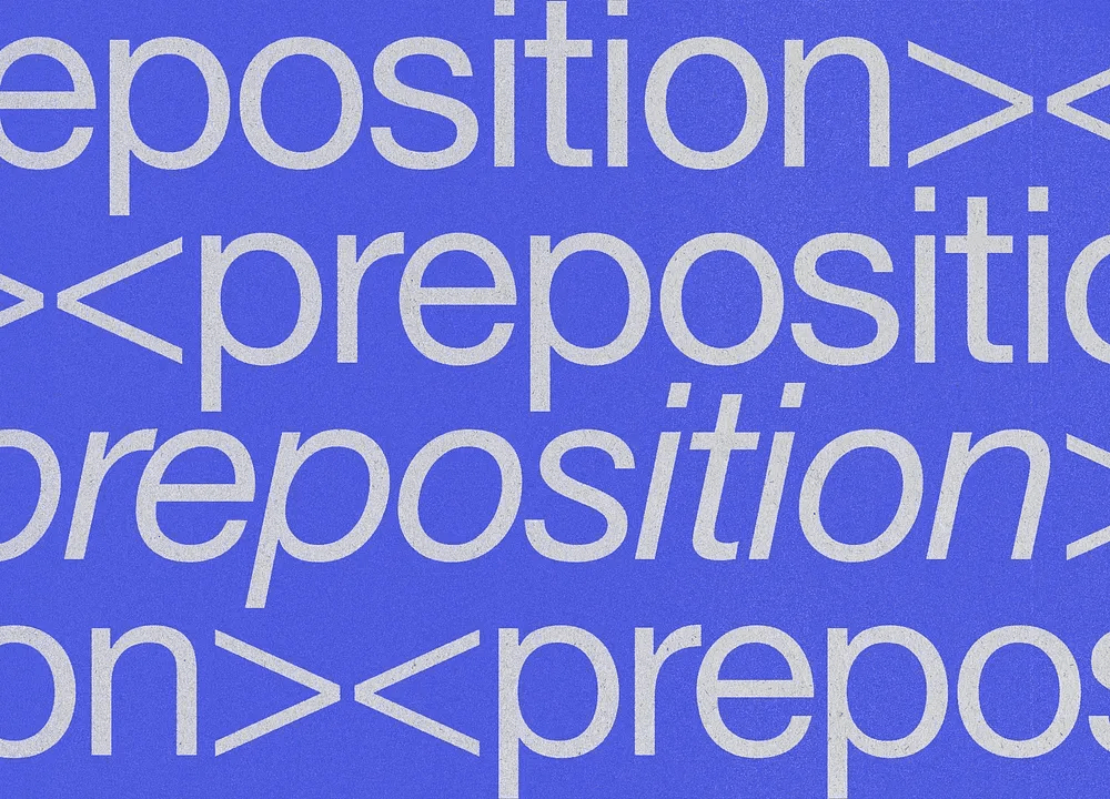 Blue/grey, typographic illustration showing the word "Preposition" between brackets numerous times.