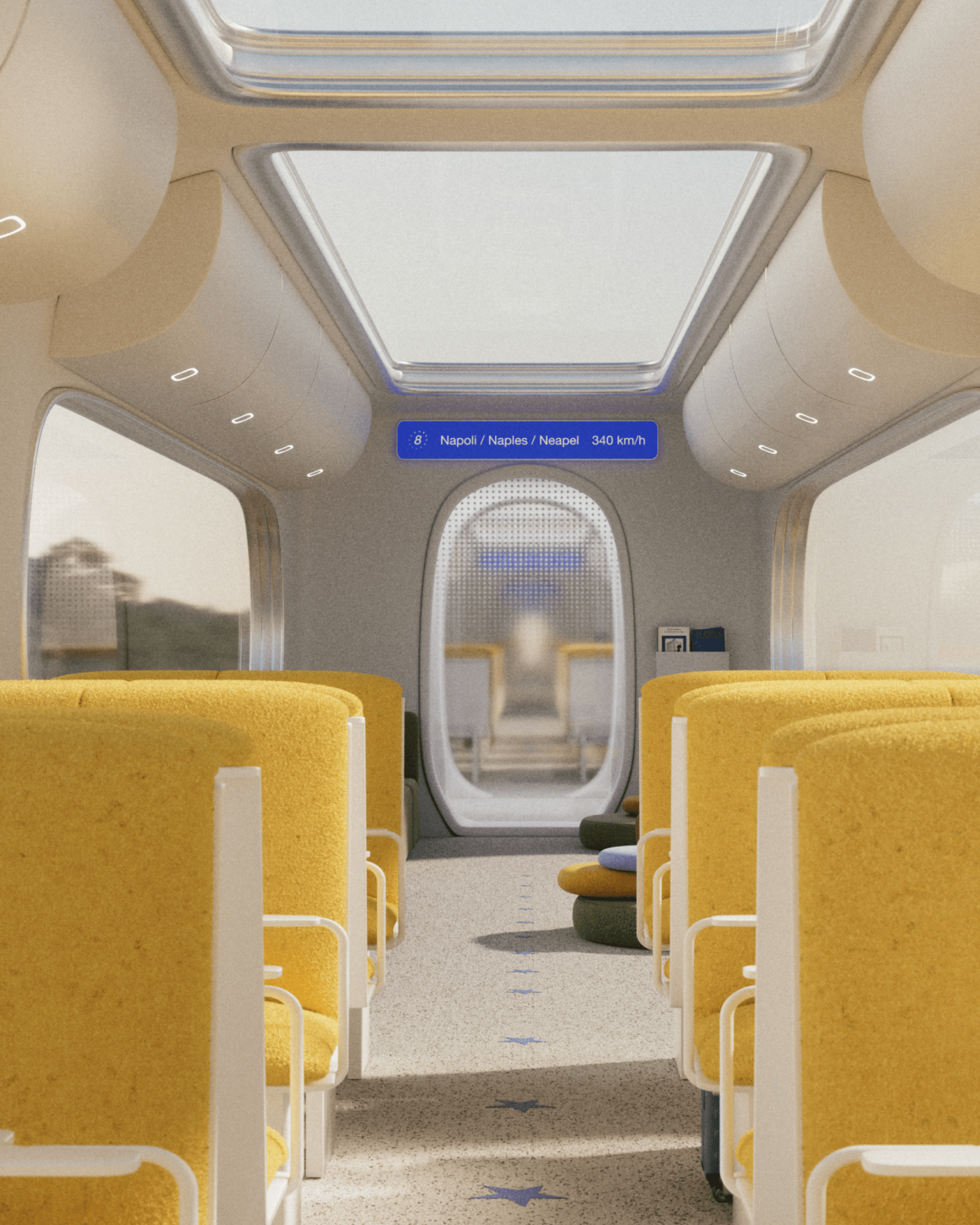 highspeed 'starline' train cabin with yellow stairs and blue stars on the floor 