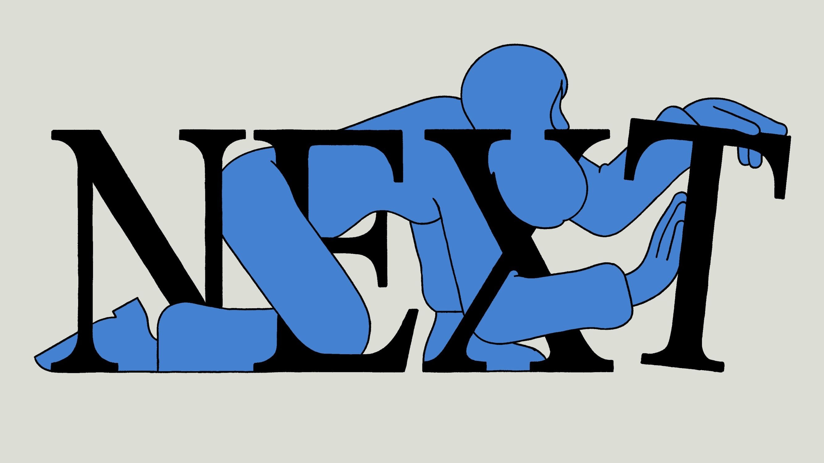 Illustration of a blue figure, their arms and legs wrapped around the word "NEXT" while sitting on hands and needs. The "T" is slightly tilted.
