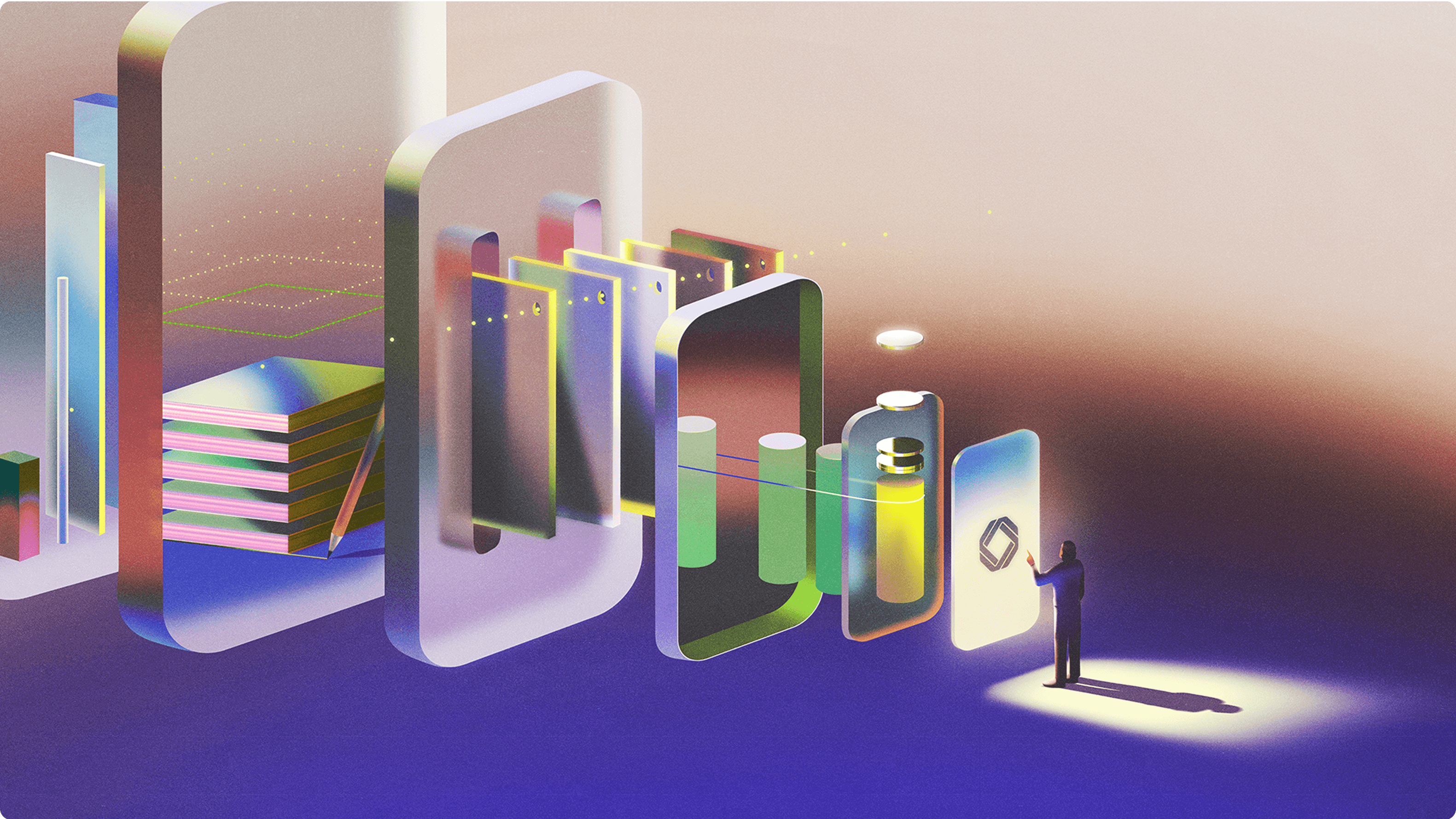 Illustration of an exploded view of different screens and graphs, with a person clicking on the Cointracker logo on the first screen, standing a spotlight. 