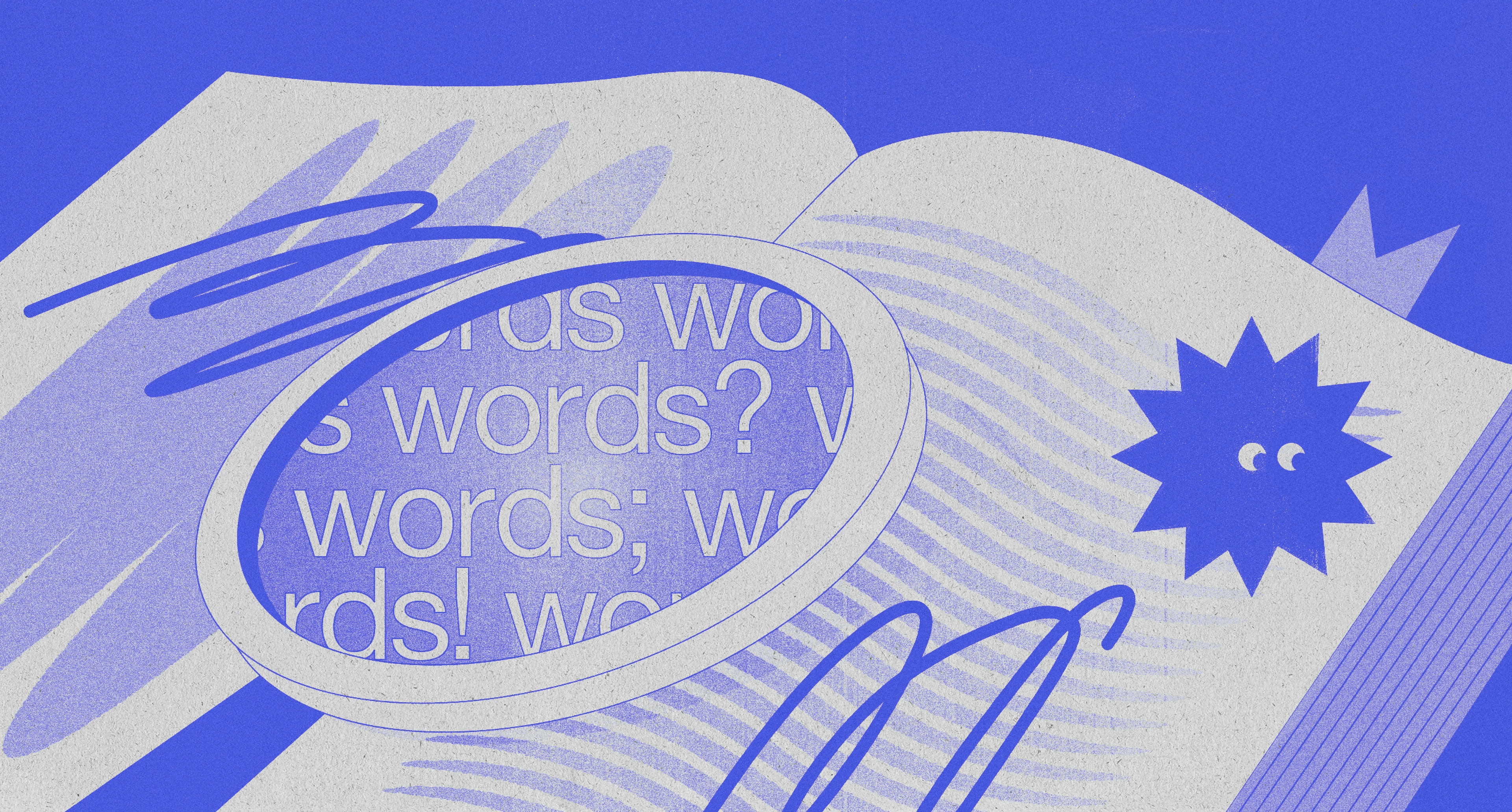 Illustration of an open book with scribbles and graphic illustrations. In the middle, there's a looking glass that highlights different "words".