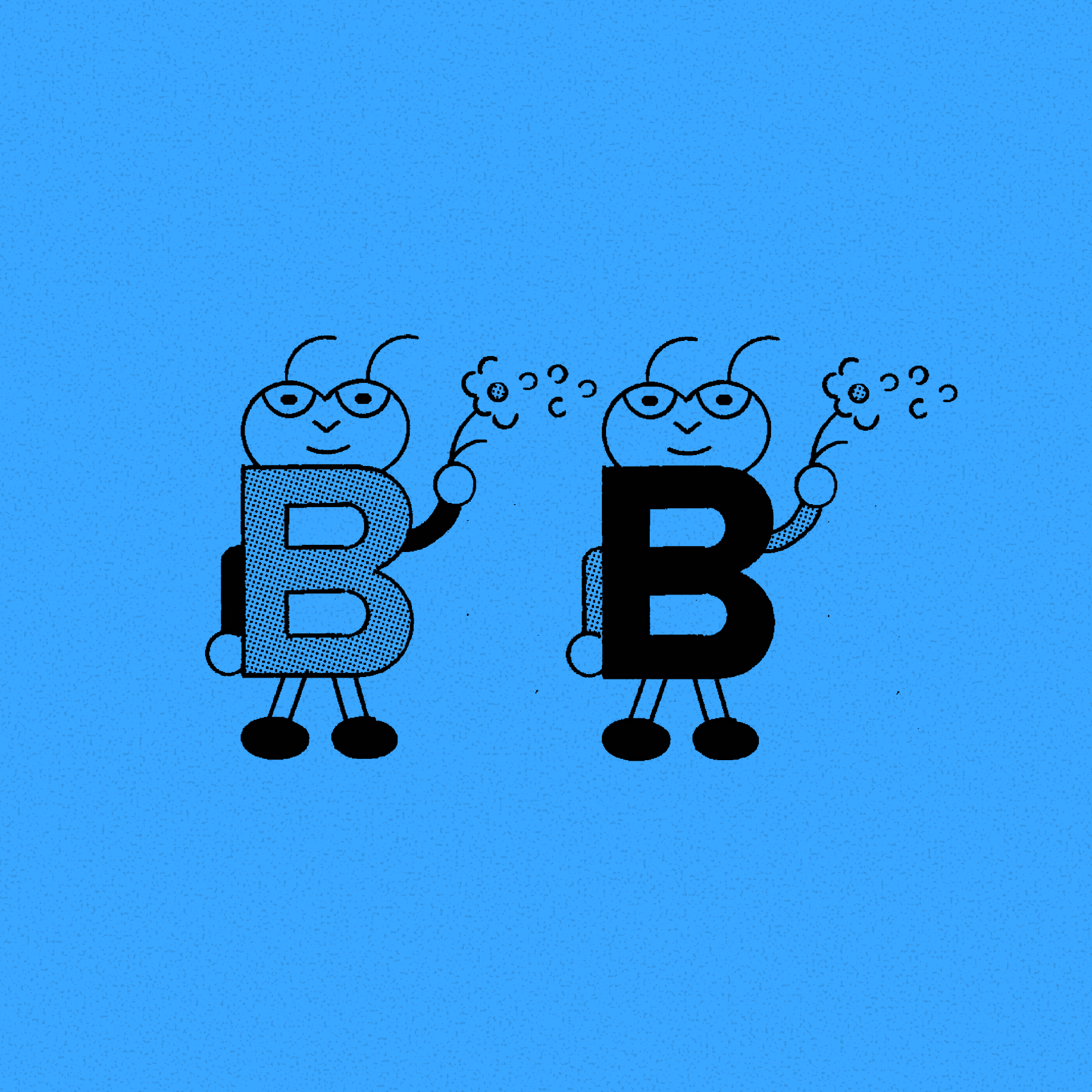 Illustration of two beeds holding a bouquet of flowers. the bees have a letter B as a body.