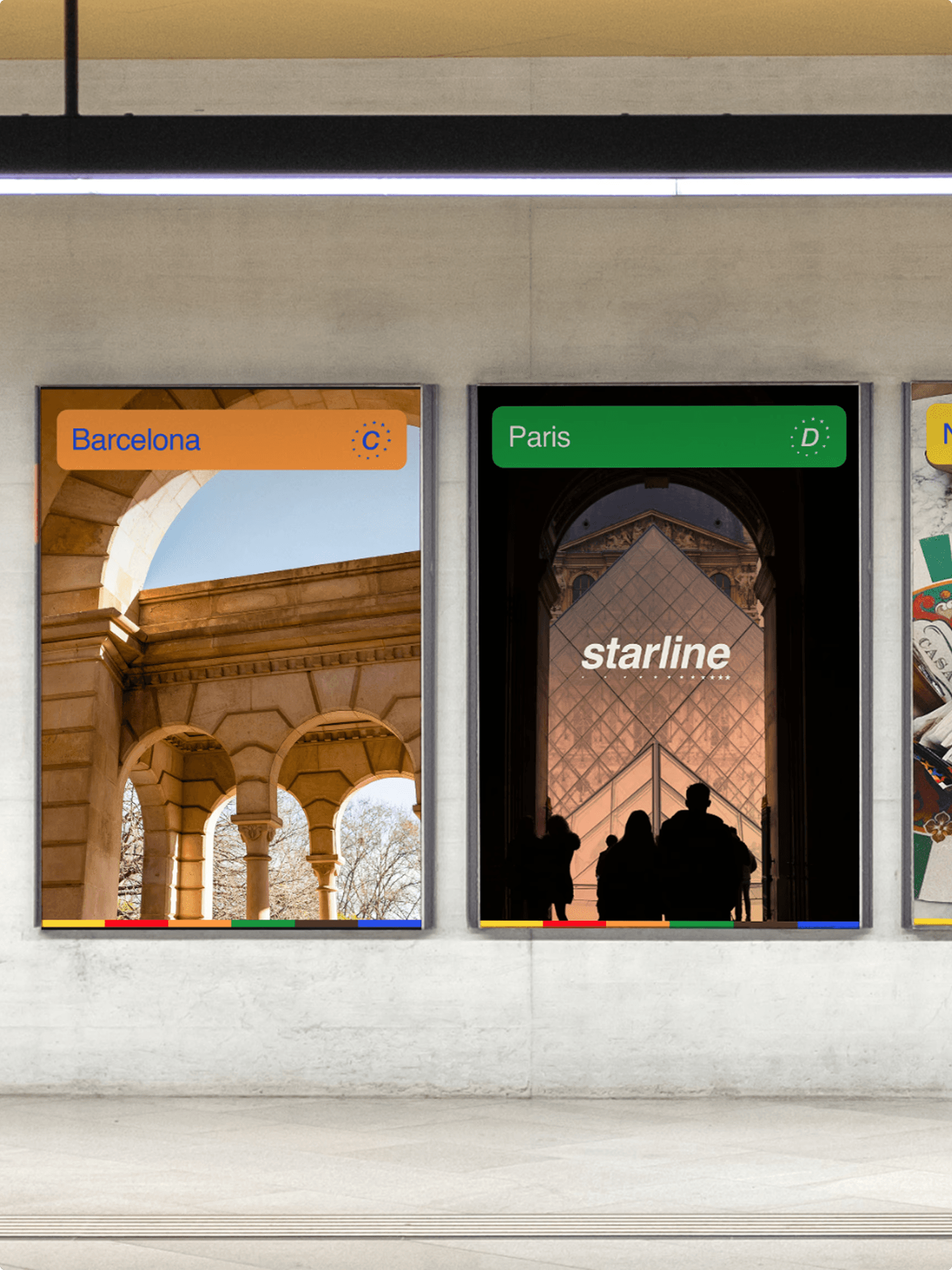 Starline ads on billboards, showing images of Barcelona and Paris