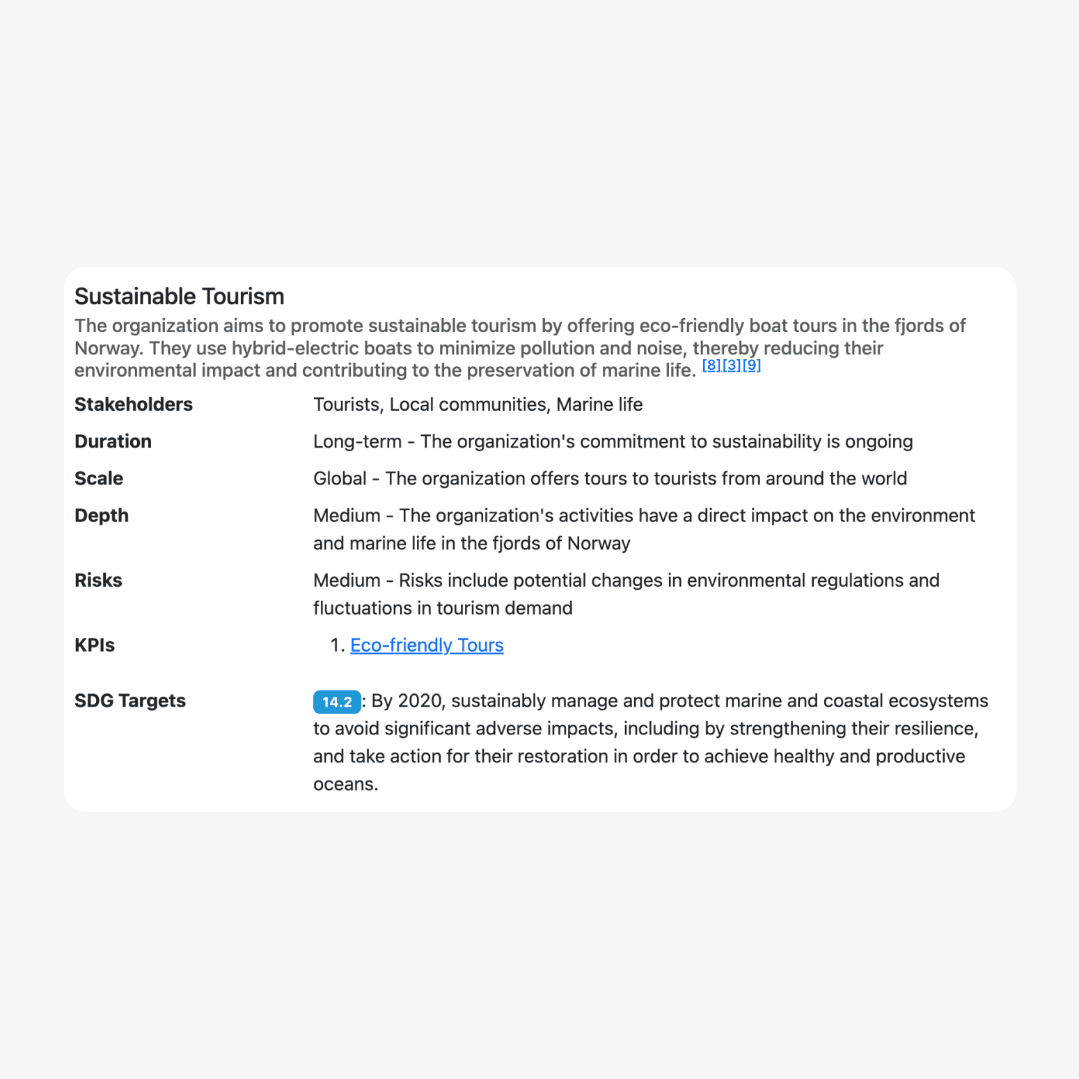 Screenshot of ML-driven summary that is used to determine the Sustainable Impact Estimation. 