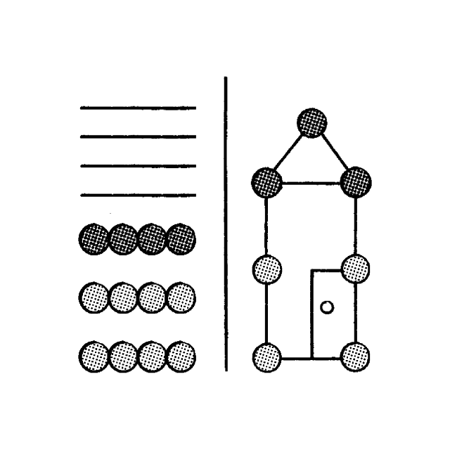 Grayscale illustration of a house on the right, drawn by lines and dots. On the left there is an organized overview of those lines and dots