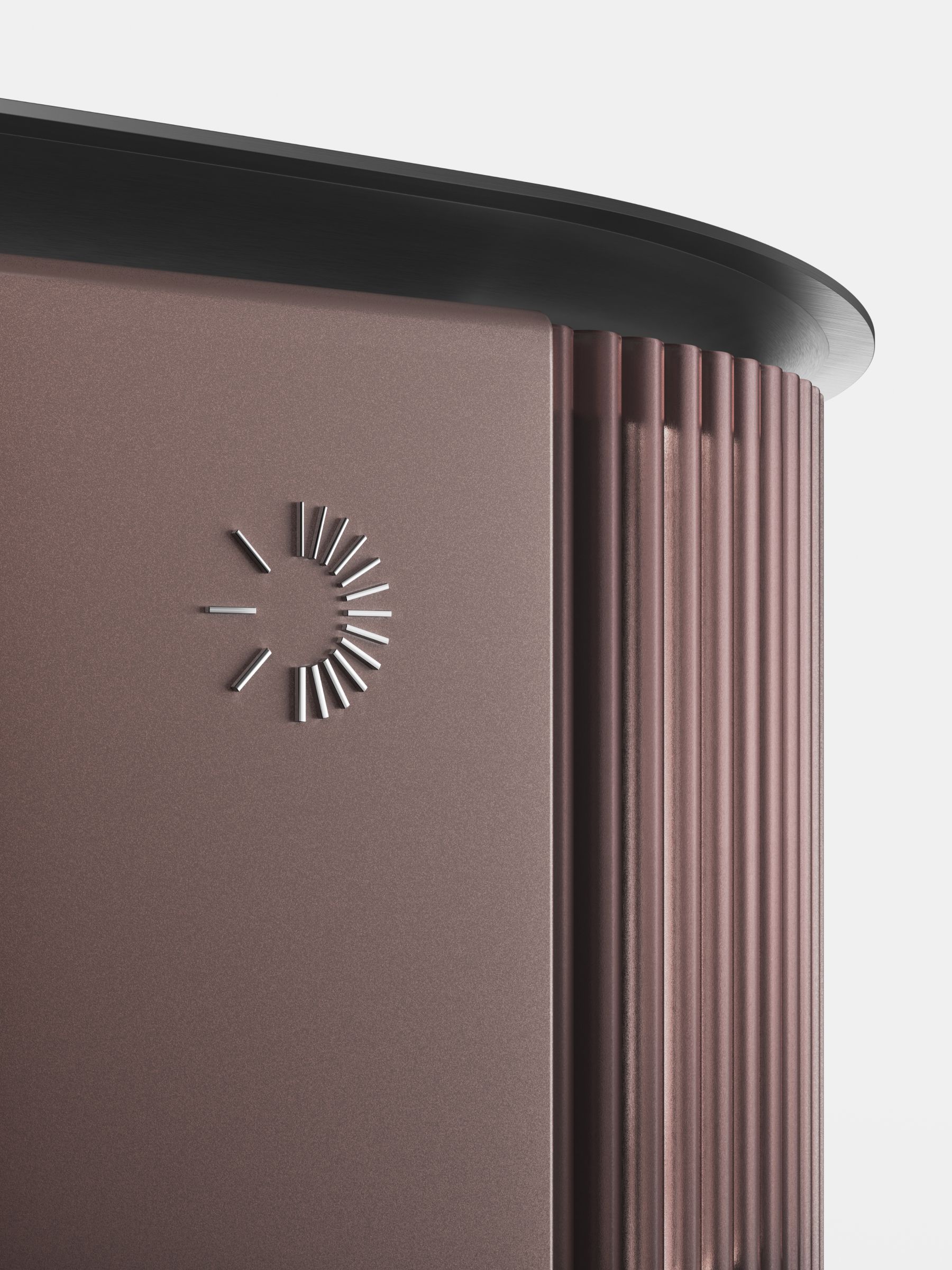 zoom in on 3D render of the energy storage system, brown with a silver logo symbol on top