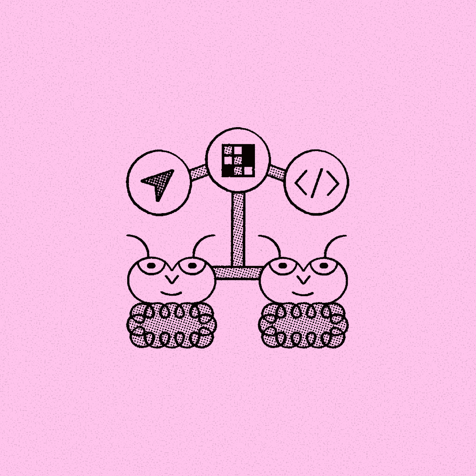 A minimalist black ink illustration on a pink background showing two cartoon bugs connected to a T-shaped post holding three circular icons: a cursor arrow, a checkered grid, and a coding symbol