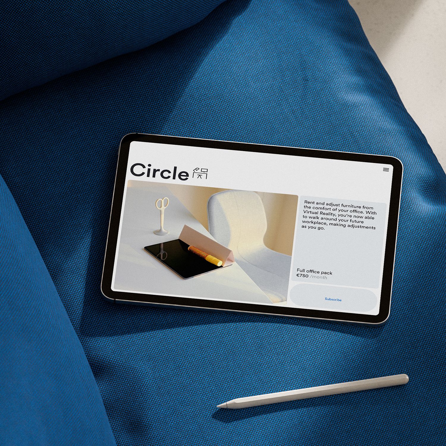 The Circle case displayed on an iPad that is positioned on a blue couch, with an Apple pencil next to it.h the 