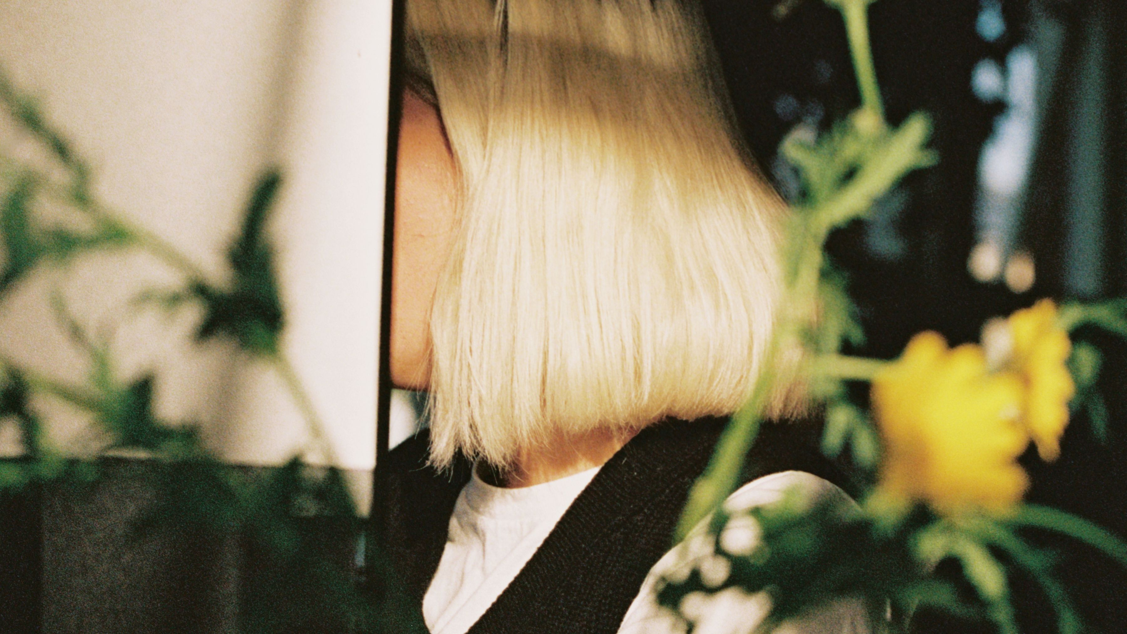 Close-up of a person's hair, with flowers in the foreground.