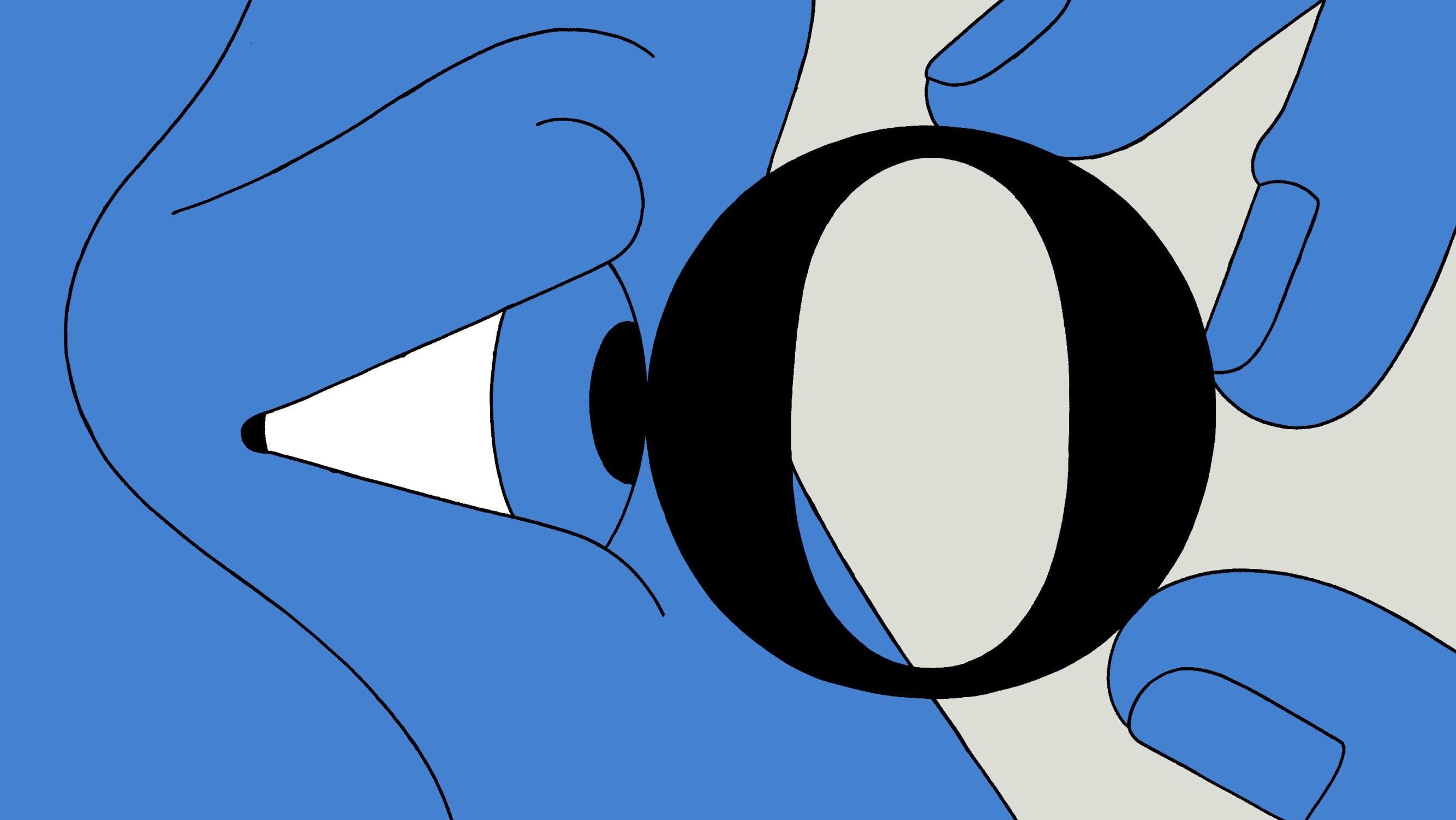 Illustration of an eye closely examining the letter "O". The figure is blue, the letter a black serif.
