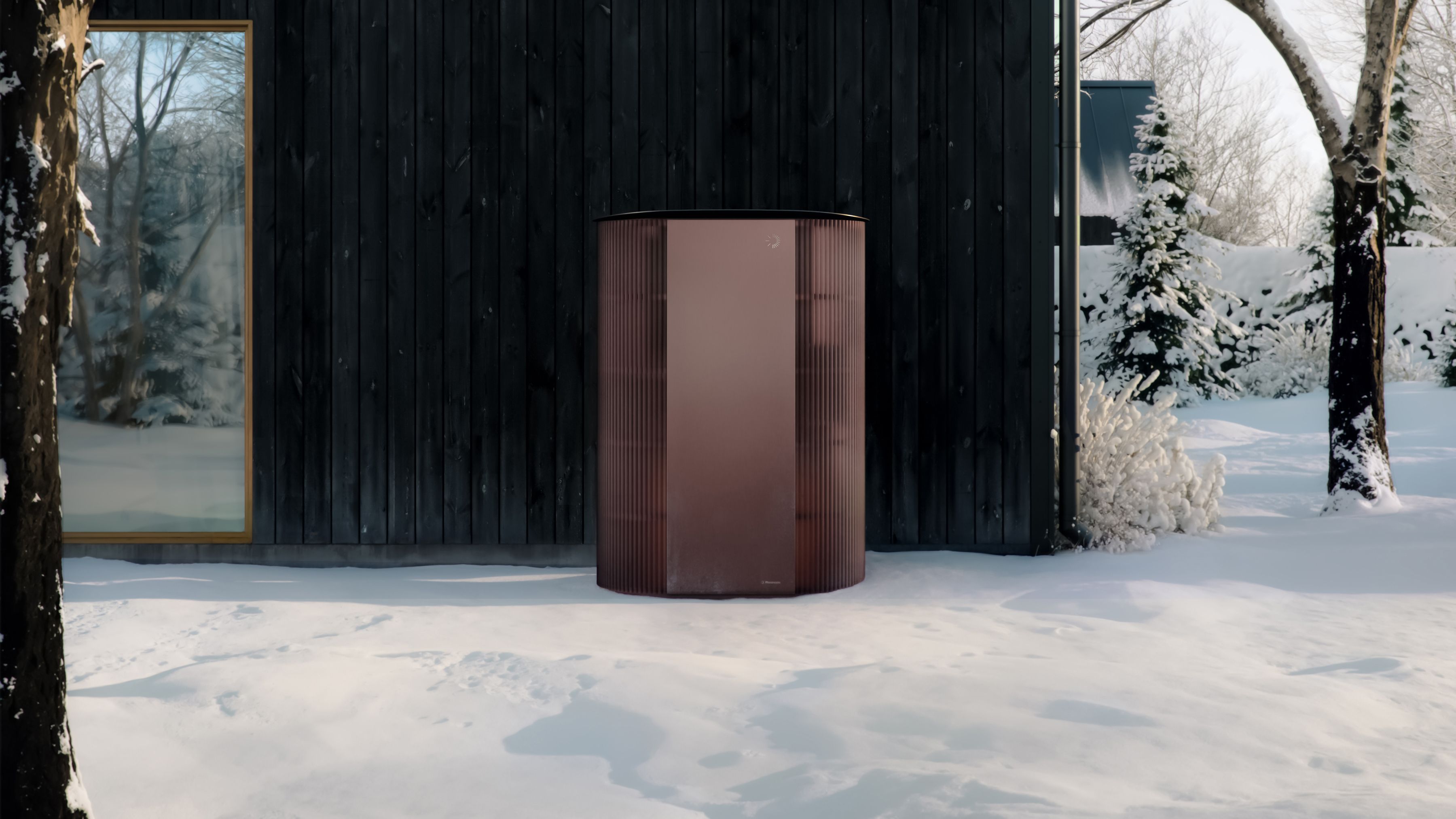 image of a brown photoncycle next to a house, in a snowy garden. 
