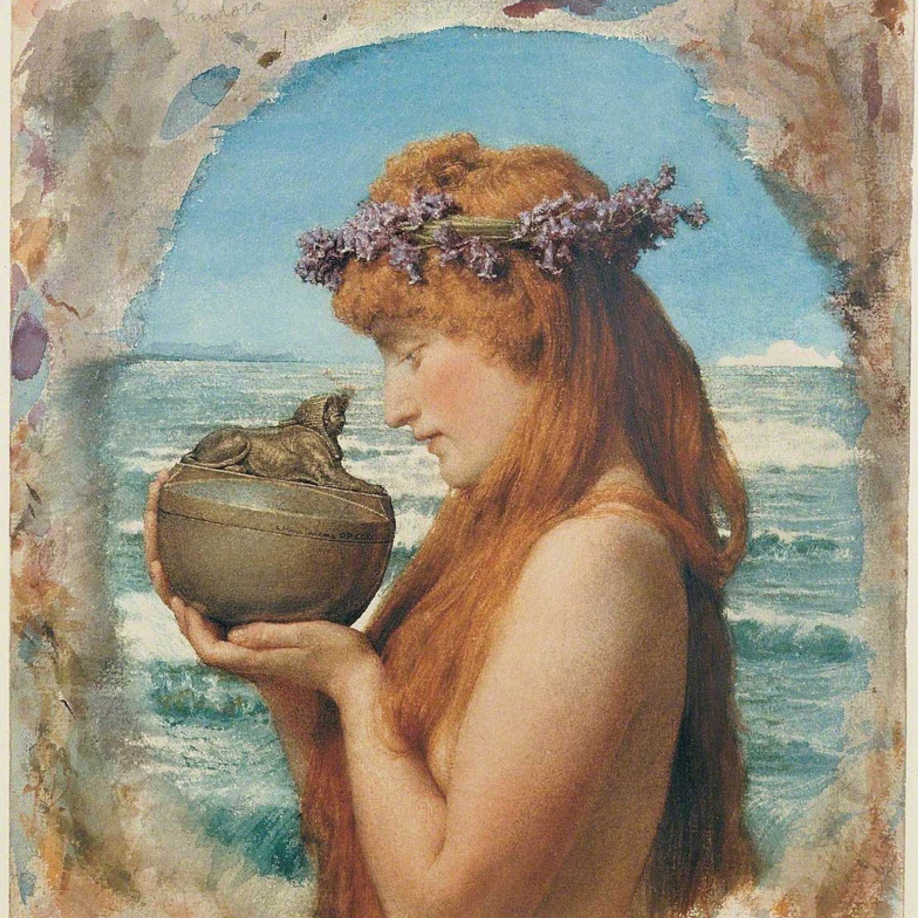 Painting of Pandora holding a jar, with a seascape in the background. Painted by Lawrence Alma-Tadema, 1881.