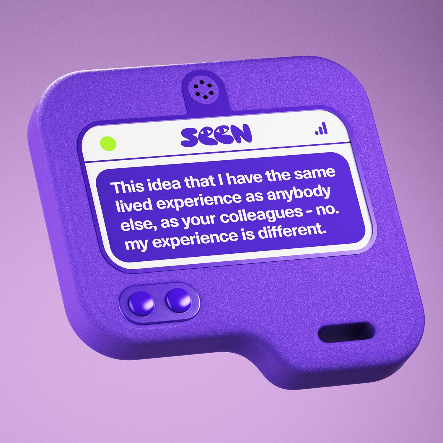 A 3D render of a purple Seen device with background information on the project on display.