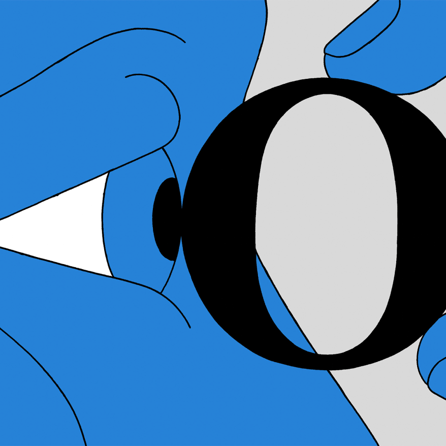An illustration of a person looking closely at the letter O