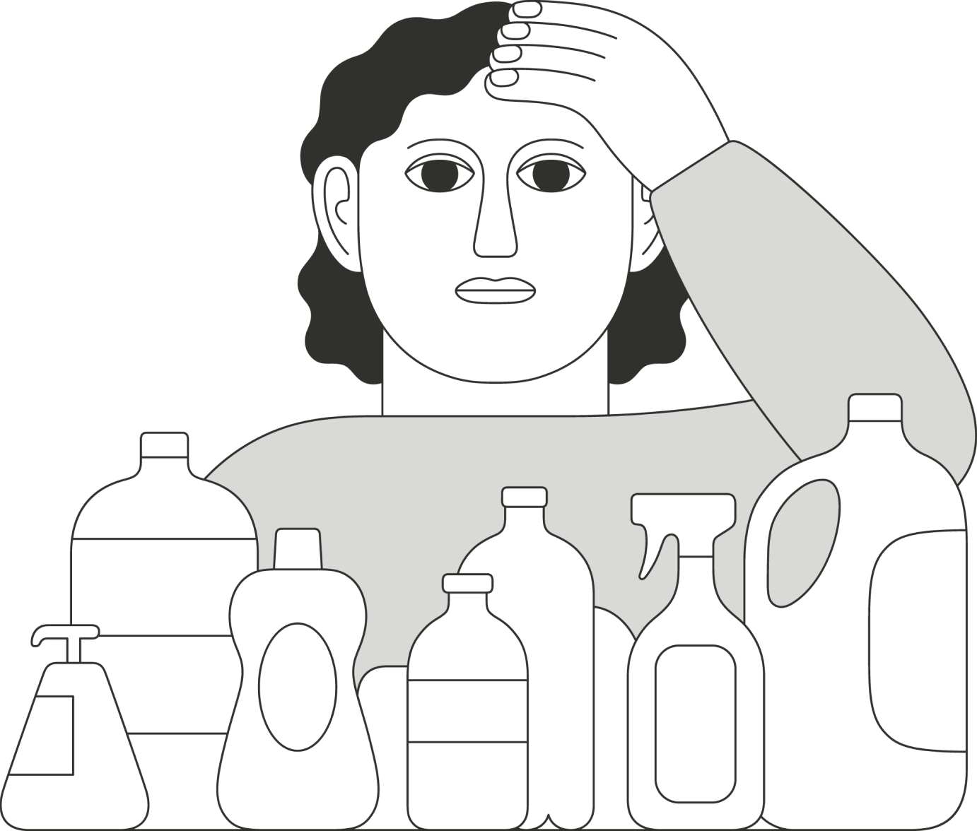 An illustration of a person in front of household products