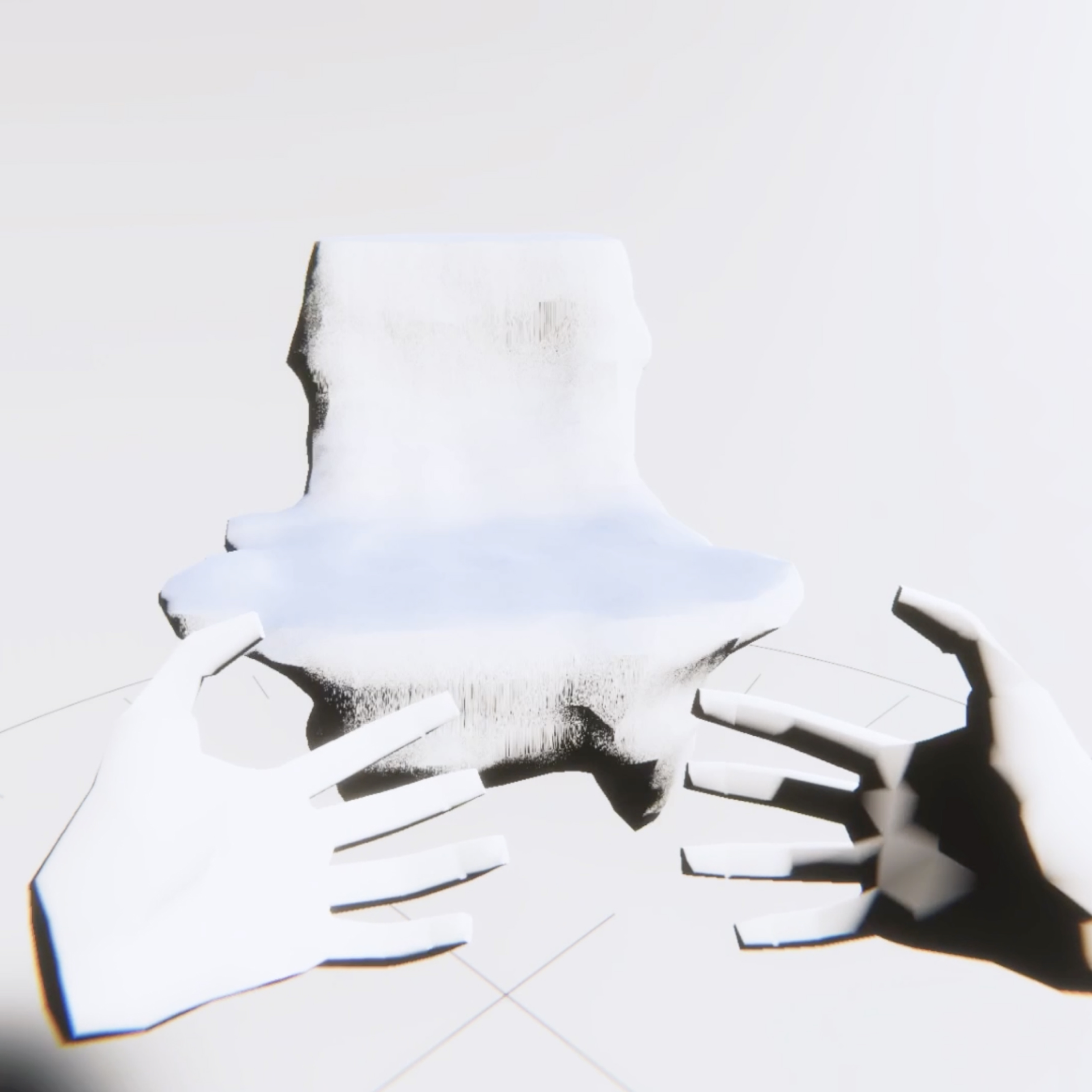 Computer-generated image of a pair of human hands and a chair